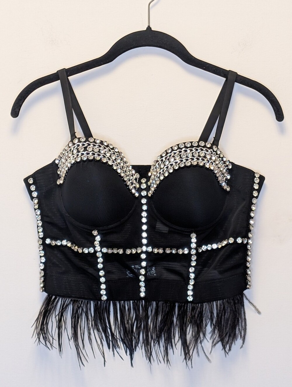 Black Rhinestone Chain Feather Trim Bustier Corset Crop Top L